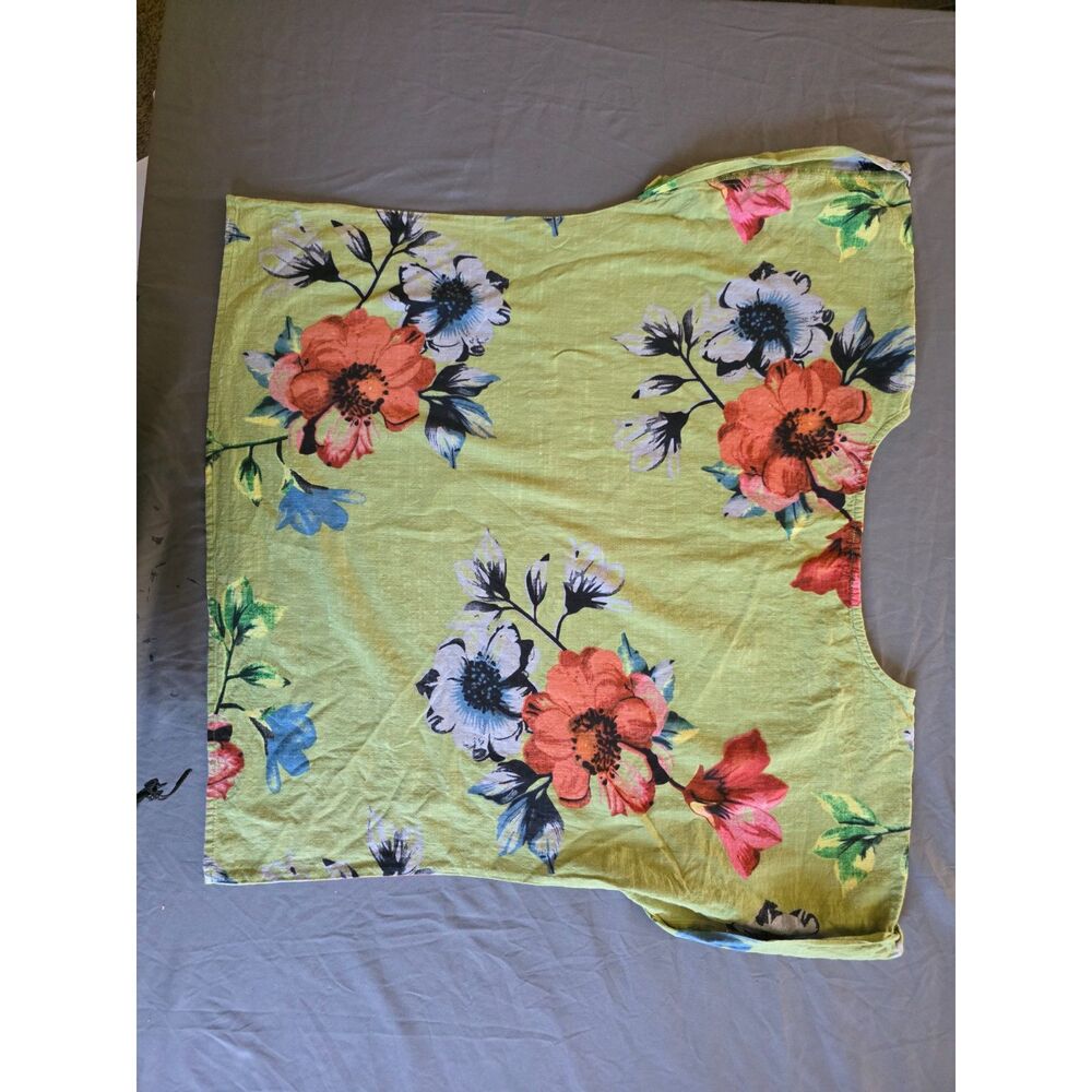 RD Style 100% Linen Floral Short Sleeve Boxy Blouse Green Plus Size 3X